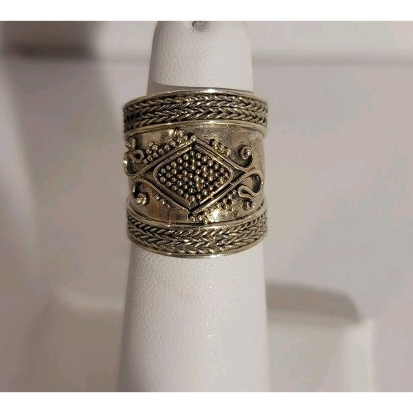 925 Silver Wide Band Ring Size 5 Crisscross Braided Boho Statement Jewelry - Picture 3 of 11